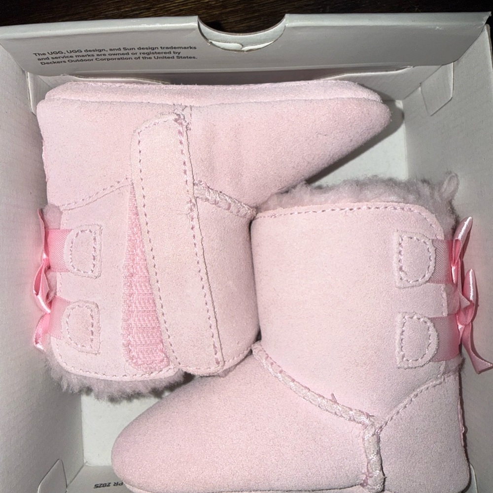 UGG Pink Faux-Suede Baby Booties with Ribbon Bows
